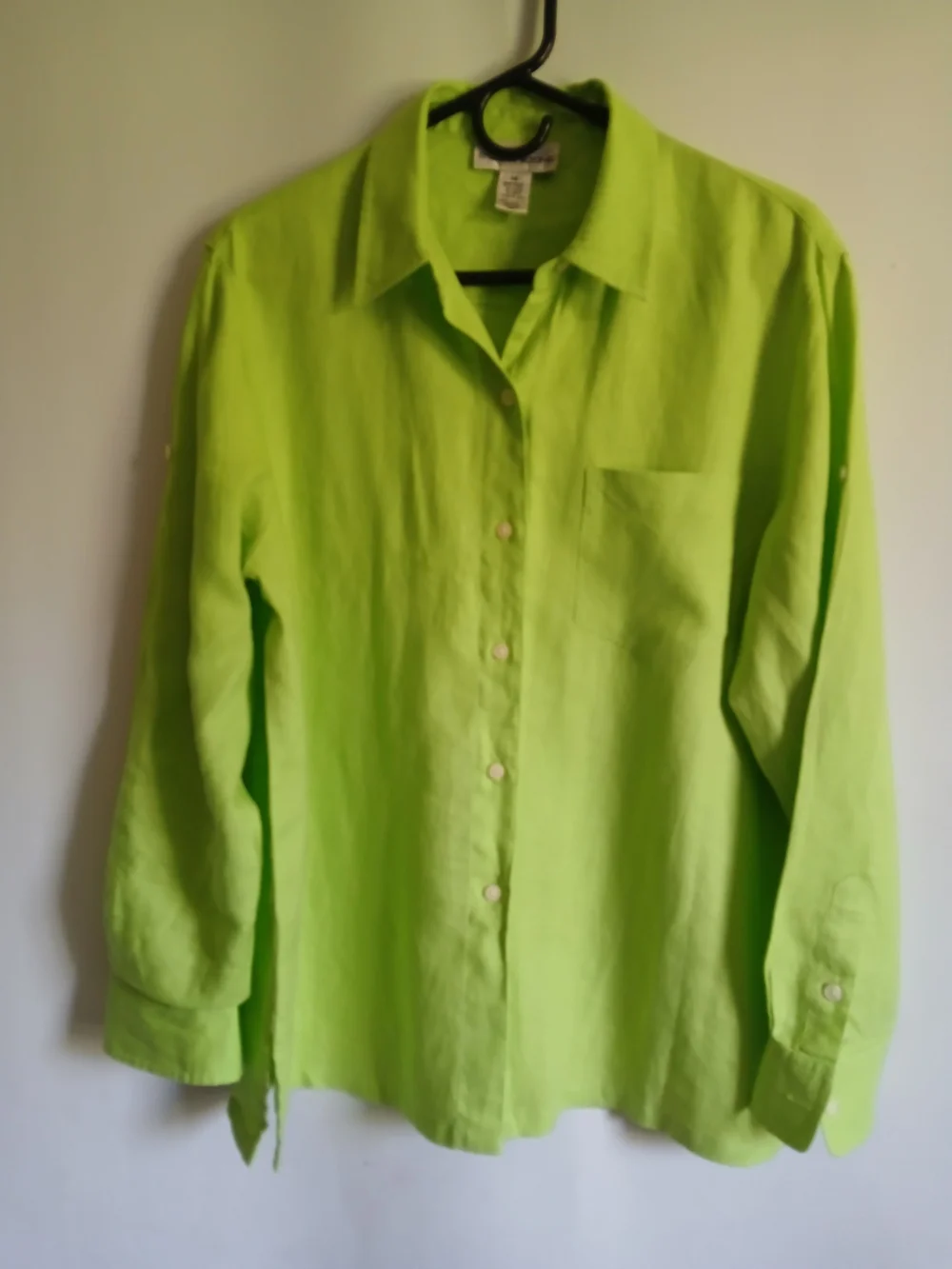 EVAN-PICONE Women's Lime Green Blousr 100% Linen SzM Roll Tab Sleeve